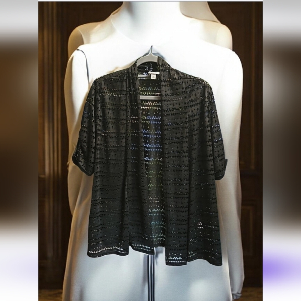 Kim Rogers Cardigan looks crocheted PXL short sleeve worn 1x black